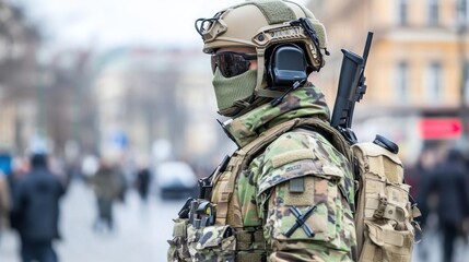 Soldier in Camouflage Gear with Tactical Equipment Poses for a Photograph in an Urban Environment, Showcasing Modern Military Fashion and Technology