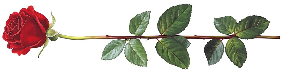 Red rose bud, green leaves and stem, isolated on white background, vector illustration.