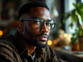 Obraz premium Close-up portrait of a young Black man with short hair, wearing dark-framed glasses