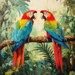 Obraz premium Two colorful parrots perch on a branch in a lush green forest, showcasing the beauty and vibrancy of nature.