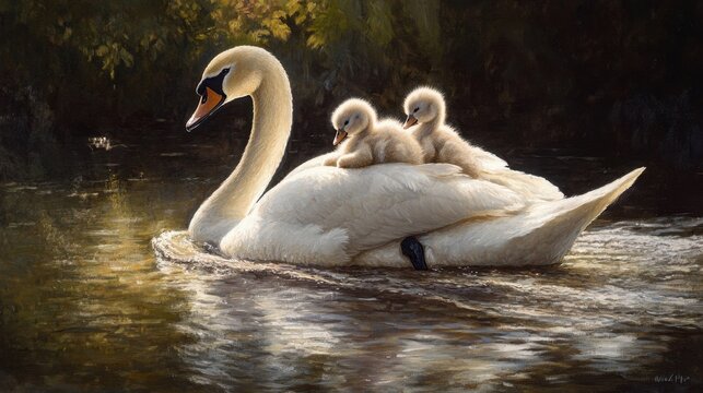 A mother swan is carrying three baby swans on her back. The baby swans are small and fluffy, and they seem to be enjoying the ride. The scene is peaceful and serene