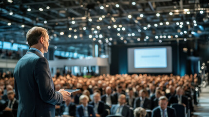 A speaker stands on stage, presenting to a large audience in a spacious conference hall. Attendees are focused and attentive, creating an atmosphere of engagement and learning.