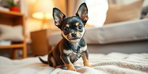 A tiny chihuahua puppy is exploring a soft blanket in a cozy living room filled with natural light. Its big eyes and perky ears add to its adorable charm