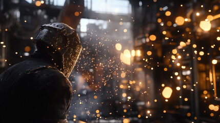 A skilled blacksmith works diligently in a workshop, creating metallic armor. Glowing sparks fill the air, illuminating the rustic environment, while tools and materials are scattered around.
