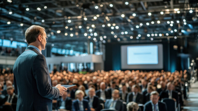 A speaker stands on stage, presenting to a large audience in a spacious conference hall. Attendees are focused and attentive, creating an atmosphere of engagement and learning.