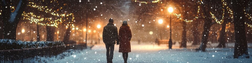 Obraz premium A couple in love is walking through a snowy park. Selective focus