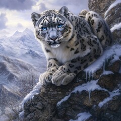Obraz premium A snow leopard is sitting on a rock in the snow. The image has a serene and peaceful mood, as the cat is alone and not in a hurry