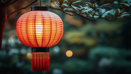 Obraz premium A Round Orange Lantern from a Tree.