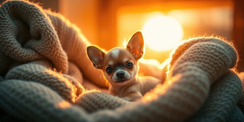 A tiny chihuahua puppy nestles comfortably in a soft blanket, bathed in warm golden light from a nearby window, creating a serene and heartwarming atmosphere