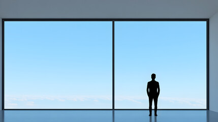Fototapeta premium An abstract figure of a person standing in front of a large window with a view, symbolizing peaceful moments. Peaceful view minimalist.
