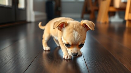 A tiny chihuahua puppy curiously sniffs around the cozy indoor area with wooden floors, basking in the soft morning light streaming through the windows