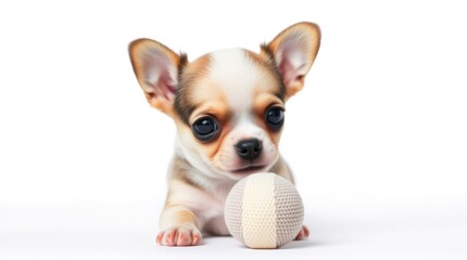 A tiny chihuahua puppy sits curiously, holding a soft ball in front of it. With large expressive eyes, the puppy appears playful and engaged in an indoor activity