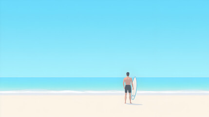 A flat design of a person enjoying a day at the beach with a surfboard, symbolizing outdoor leisure. Beach and surfboard design.