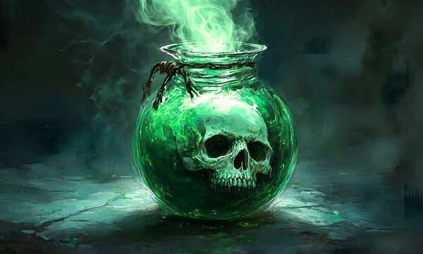 A mystical green potion in a jar with a skull, exuding smoke and an eerie atmosphere.