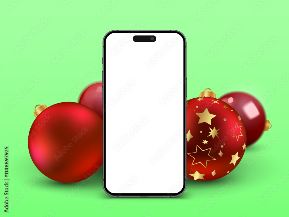 Poster phone mock up with christmas balls decorations for app presentation with empty screen
