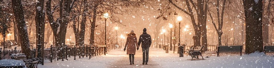 A couple in love is walking through a snowy park. Selective focus