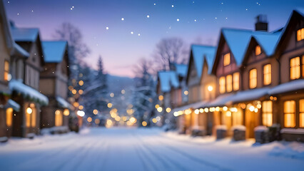 Obraz premium Snow falling on cozy illuminated wooden houses in a winter wonderland