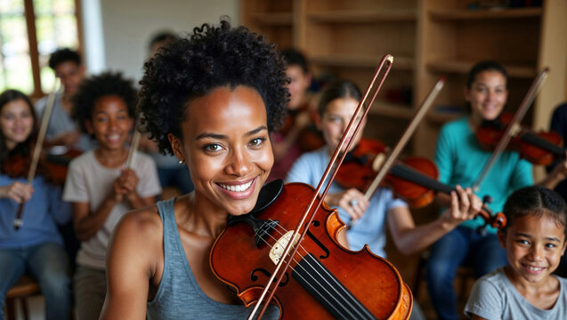 Close-up of smiling African-American woman playing violin in classroom, group of diverse young students of different ages and genres taking violin lesson, learning new musical skills or new hobby