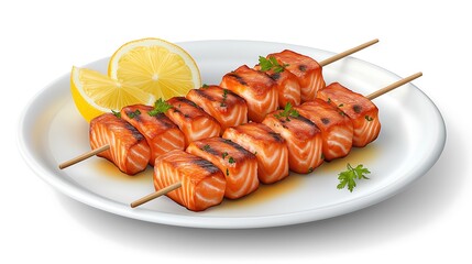 A plate of grilled salmon skewers with a citrus glaze, served with lemon wedges, grilled salmon skewers, seafood barbecue.