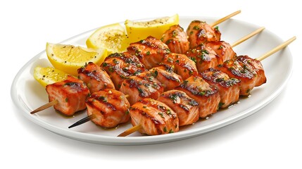 A plate of grilled salmon skewers with a citrus glaze, served with lemon wedges, grilled salmon skewers, seafood barbecue.
