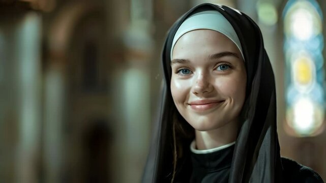 Young beautiful woman nun in black clothes smiles in church