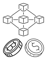 Interconnected cubes forming a blockchain network above Bitcoin and Dollar coins. Ideal for finance, cryptocurrency, blockchain technology, digital transactions, distributed ledger concepts, fintech