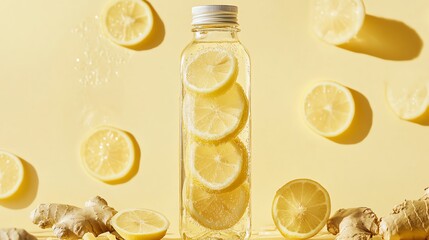 Refreshing lemon-infused water with ginger on a bright background.