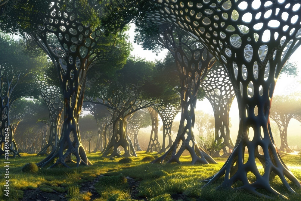 Poster Enchanted forest with towering trees and delicate webs in bright daylight revealing intricate nature wonders