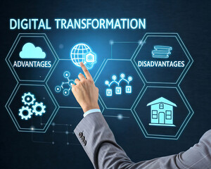 Digital technology concept, futuristic hexagonal interface, holographic display, hand touching virtual screen, glowing blue icons, artificial intelligence symbol, gear icons.