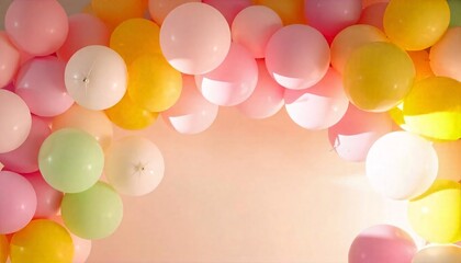 A colorful balloon arch with pastel-colored balloons in various shades of pink, yellow, green, and purple against a white background.