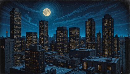 Obraz premium Nighttime city skyline illuminated by a bright full moon over skyscrapers and rooftops