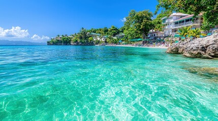 Obraz premium Tranquil turquoise water, beach, and resort.