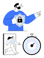 Character holding shield with lock person stepping out of a smartphone and a stopwatch. Ideal for cybersecurity, digital protection, guidance, action, timing, security, technology. Line metaphor
