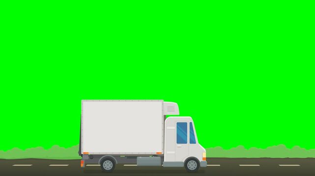Animation loop of a white  refrigerator truck driving on a road with bushes on a green screen, white background and alpha channel (flat design)