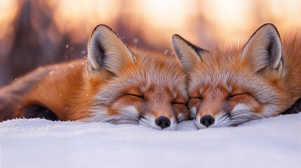 Obraz premium This image features two foxes resting on a snowy surface, with their heads close together, suggesting a sense of companionship or relaxation