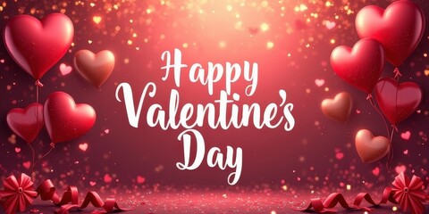 Festive Valentine's Day Banner - Sparkling Hearts, Balloons, and Glowing Lights with Bold Text