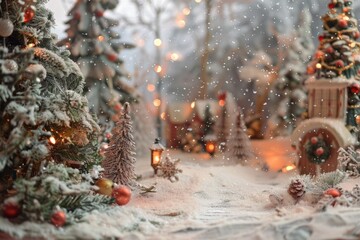 A winter scene with a path of snow and trees. The snow is falling and the trees are covered in snow. The scene is peaceful and serene