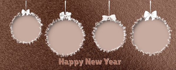 Abstract design of Christmas balls made of cut paper with bows. the trending color of the year Mocha Mousse 2025