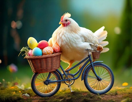 Witziges Huhn auf Mini-Fahrrad mit Ostereiern &ndash; Kreatives Osterbild