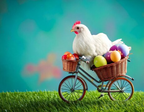 Witziges Huhn auf Mini-Fahrrad mit Ostereiern &ndash; Kreatives Osterbild