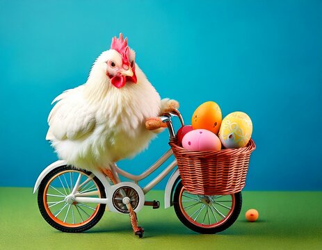 Witziges Huhn auf Mini-Fahrrad mit Ostereiern &ndash; Kreatives Osterbild