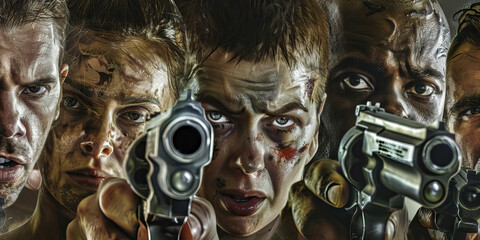 Five Camouflaged Individuals Aiming Handguns