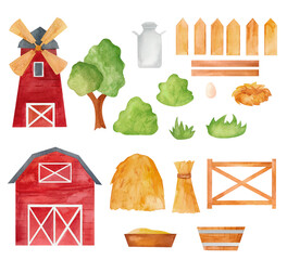Set of watercolor farm illustrations featuring a red barn, windmill, trees, bushes, harvest bundles, wooden fences, and rustic agricultural tools. Perfect for rural-themed countryside decor