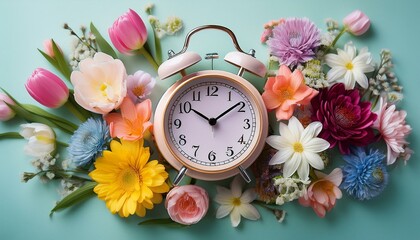 Generated image  A vintage alarm clock surrounded by a vibrant array of spring flowers on a soothing pastel background