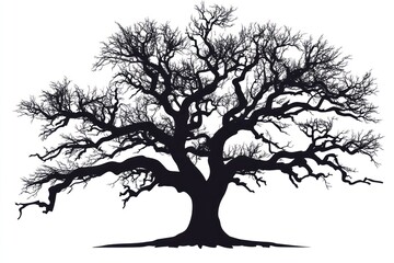 Silhouette of a large, leafless tree with sprawling branches against a white background.