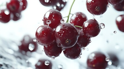 Red currants splashing in water.