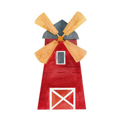 Red Windmill with wooden blades, stylized in soft watercolor. vintage-inspired clipart ideal for farmland illustrations, eco-rural themes, and traditional farm landscapes.