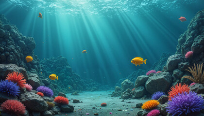 Fototapeta premium Colorful underwater scene with vibrant coral and tropical fish in a serene ocean environment