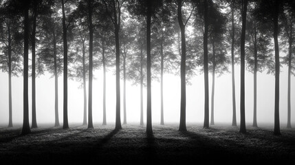 Fototapeta premium Monochrome forest scene in fog, trees casting shadows.
