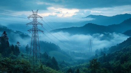 Misty mountain landscape with power lines.